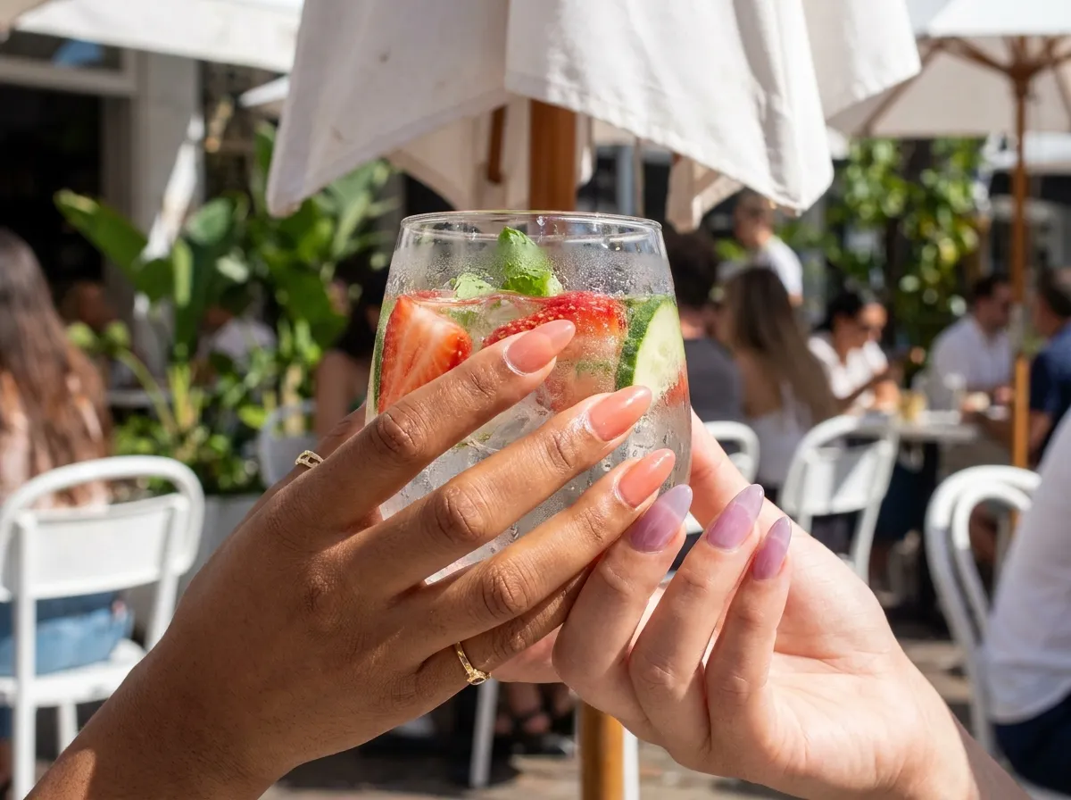 Deux mains aux jelly nails corail et lavande tenant un verre d'eau fruitée glacée