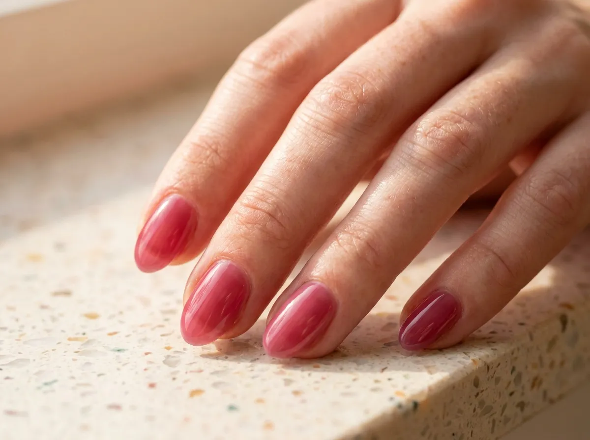 jelly-nails-cover-ete-2026 elly nails effet gelée rose framboise translucide sur ongles courts en amande ✏️ LÉGENDE :