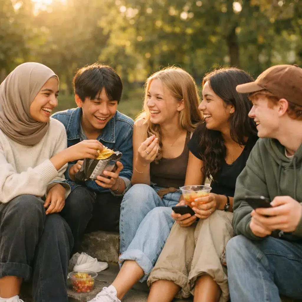 Groupe de jeunes de nationalités différentes échangeant ensemble pendant un séjour linguistique