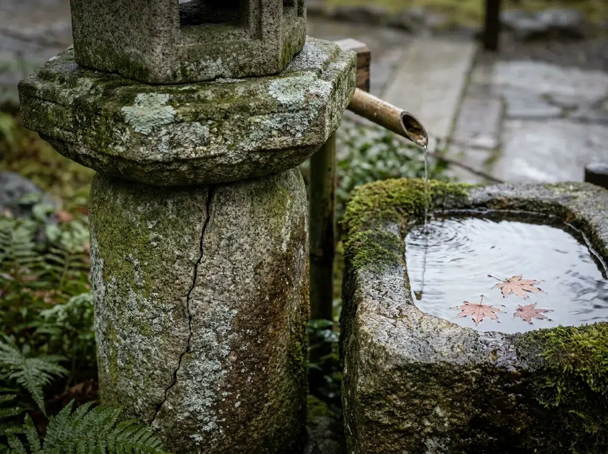Lanterne japonaise en granit couverte de mousse au bord d'un bassin de jardin asiatique
