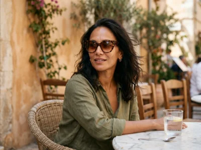 Femme portant des lunettes de soleil œil-de-chat écaille oversize en terrasse ensoleillée
