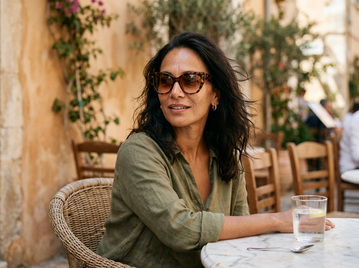 Femme portant des lunettes de soleil œil-de-chat écaille oversize en terrasse ensoleillée