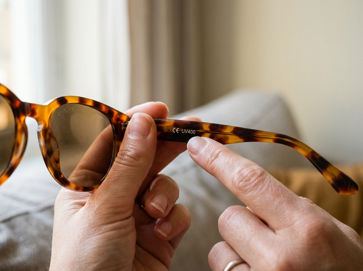 Gros plan sur le marquage CE UV400 à l'intérieur d'une branche de lunettes de soleil