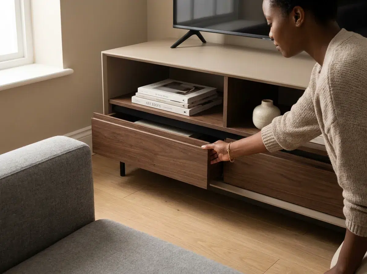 Meuble TV bas en bois avec tiroirs fermés et niches ouvertes dans un petit salon