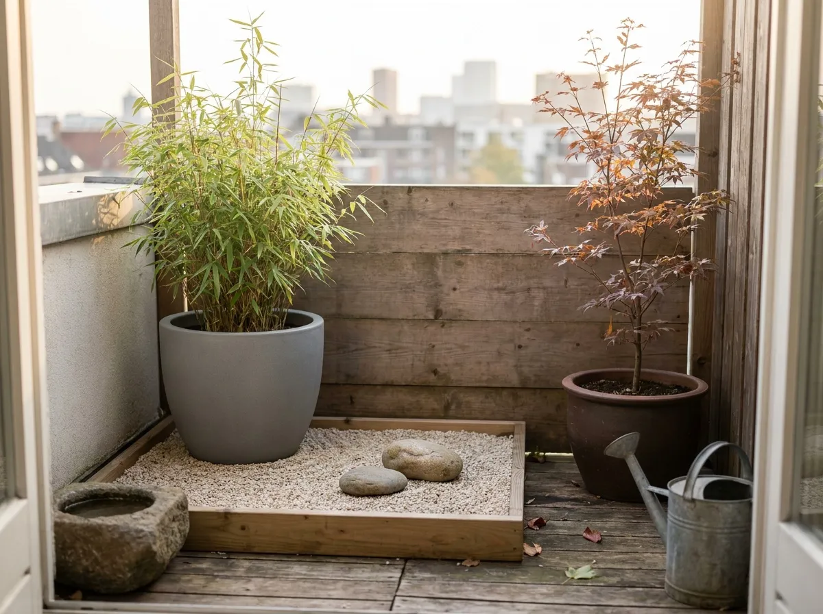 Mini jardin zen sur un balcon avec bambou en bac, gravier et petite fontaine en pierre