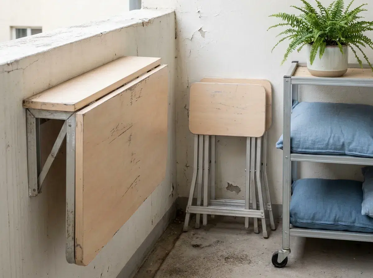 Table murale rabattable, tabourets pliants et desserte mobile sur un balcon étroit