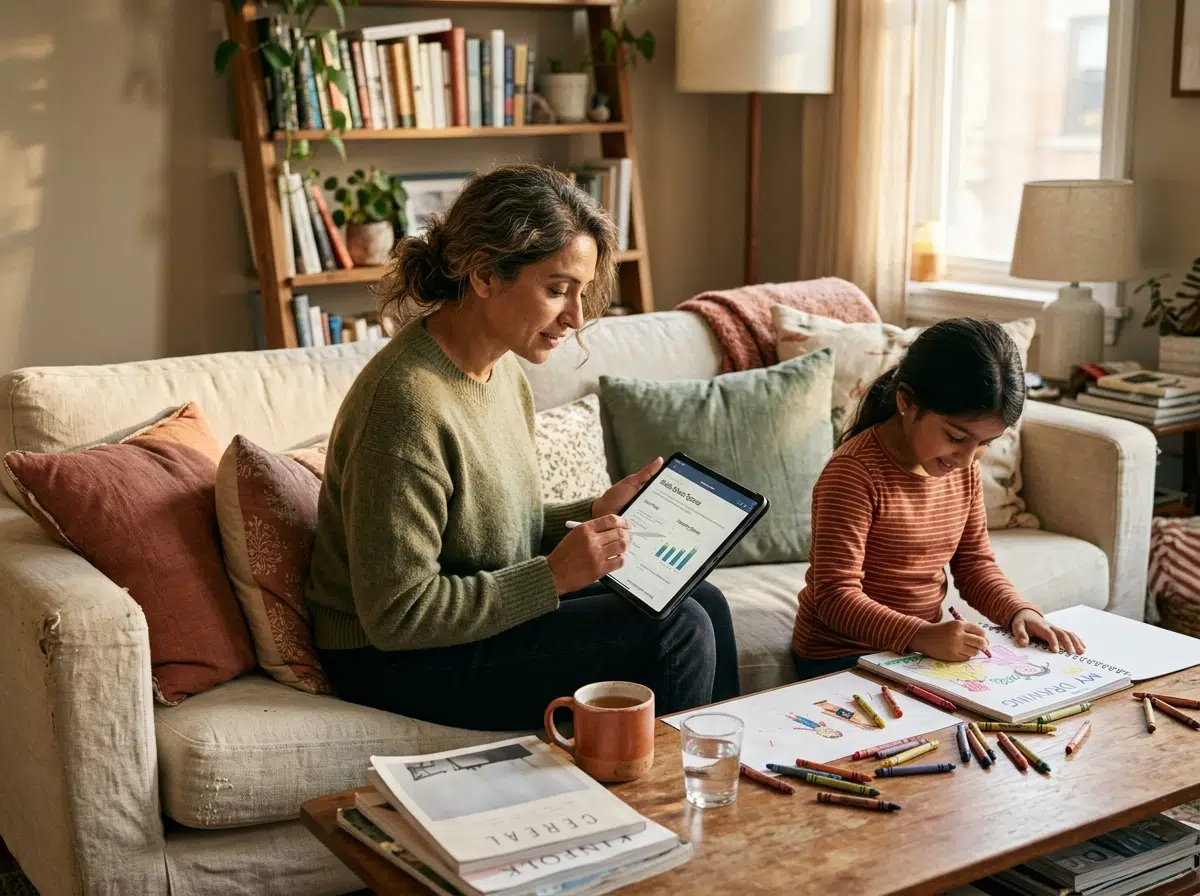 Mere de famille comparant les offres de mutuelle sante sur une tablette a cote de son enfant