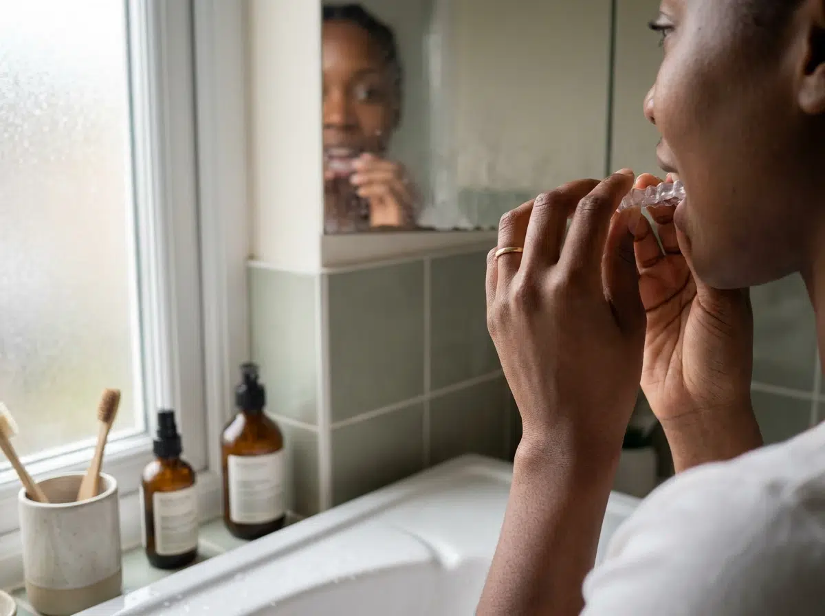 Femme adulte plaçant une gouttière orthodontique transparente devant un miroir de salle de bain