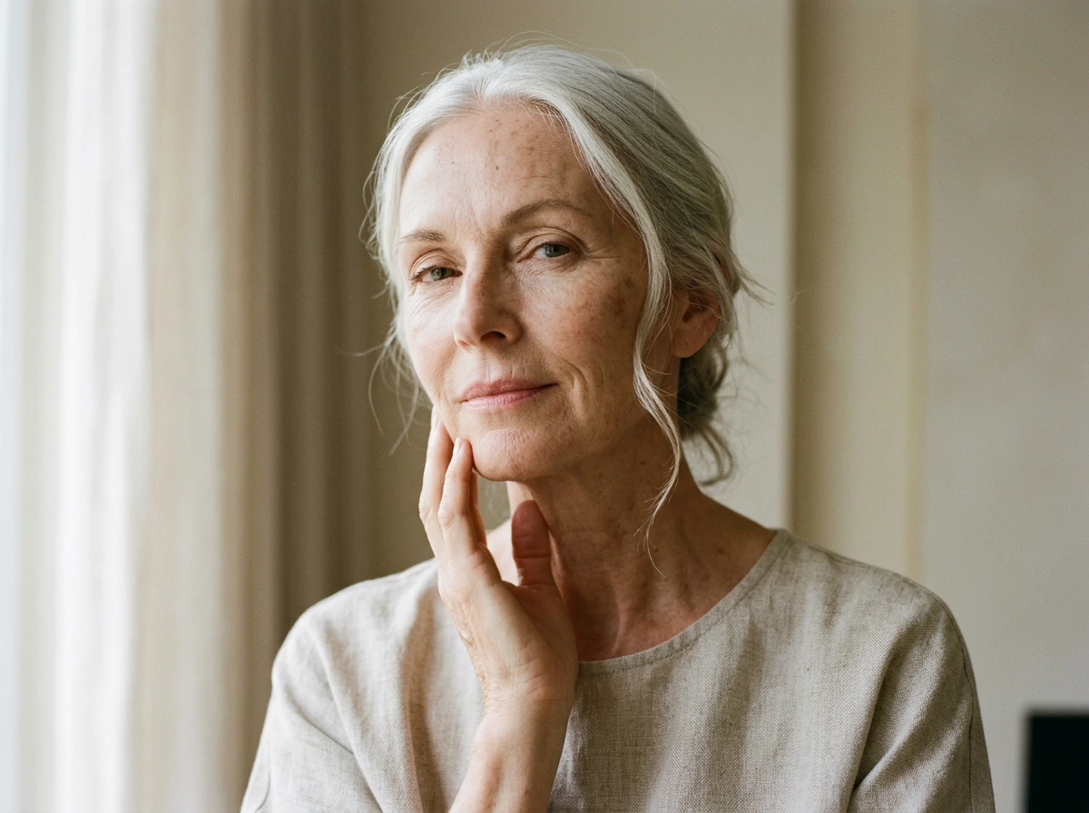 Femme de soixante ans à la peau mature lumineuse après application d'huile de figue de barbarie