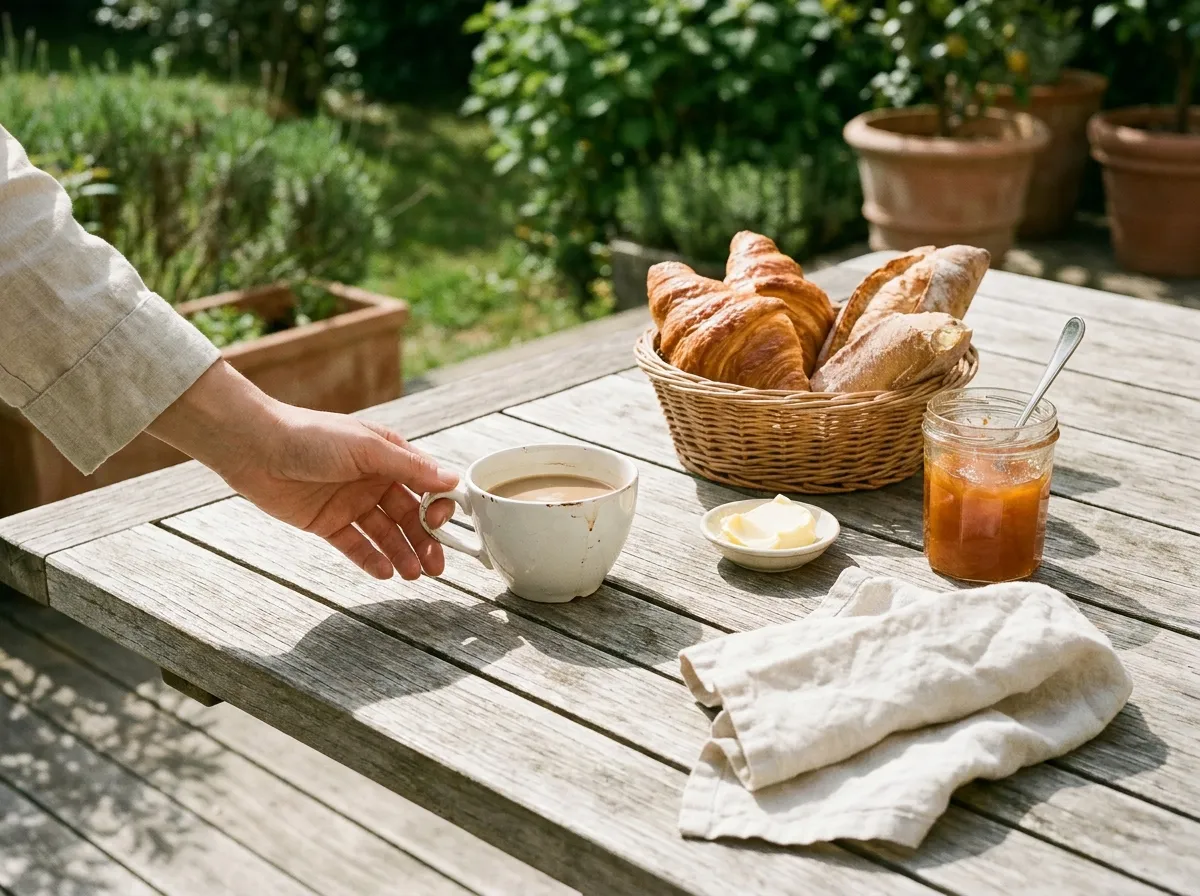 Petit-déjeuner servi en terrasse au soleil, ambiance hôtel de charme