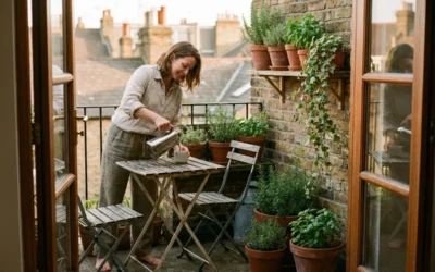 petite-terrasse-amenagee-coin-repas Petite terrasse de ville de 4 m² aménagée avec table pliante, assises et plantes en pot au soleil