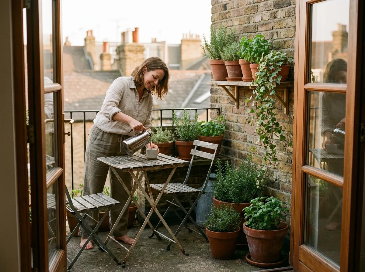Petite terrasse de ville de 4 m² aménagée avec table pliante, assises et plantes en pot au soleil