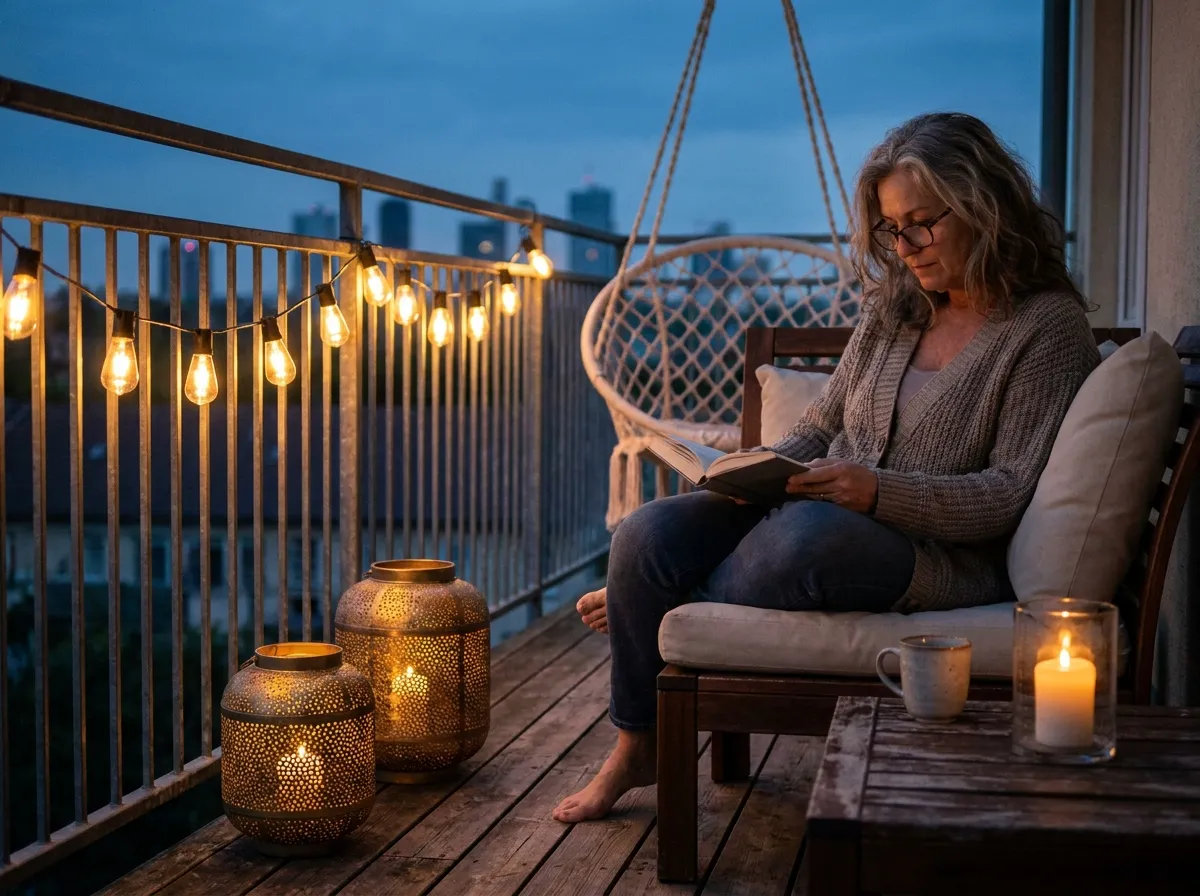 Petite terrasse le soir éclairée par une guirlande lumineuse, lanternes au sol et bougies