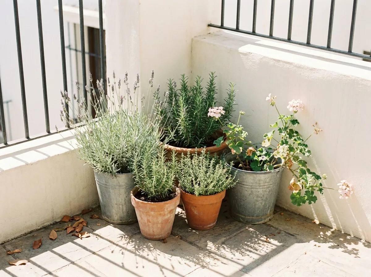 Pots d'aromatiques et plantes méditerranéennes groupés sur un balcon exposé plein sud