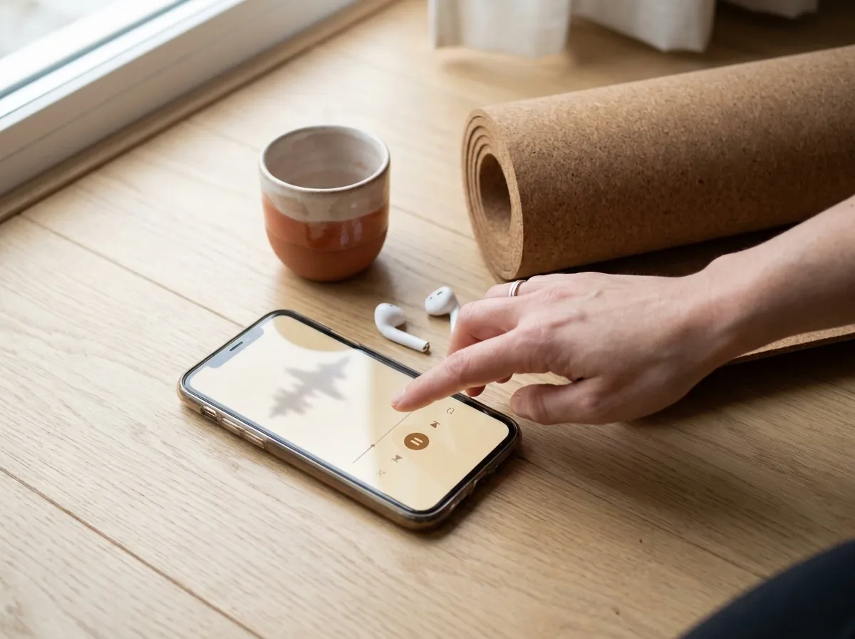 Smartphone avec application de musique, écouteurs et tapis de yoga roulé posés sur un parquet clair