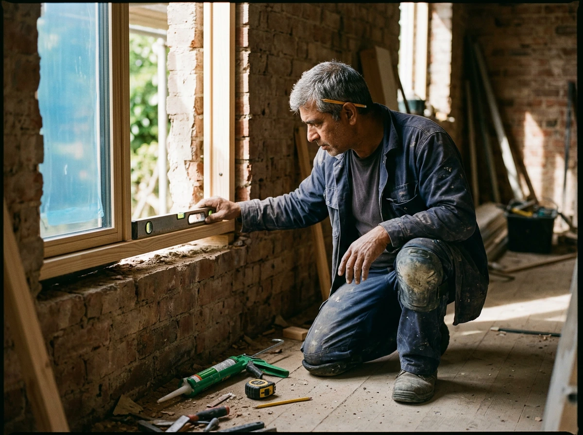 Artisan menuisier en train de poser et régler une fenêtre neuve en rénovation
