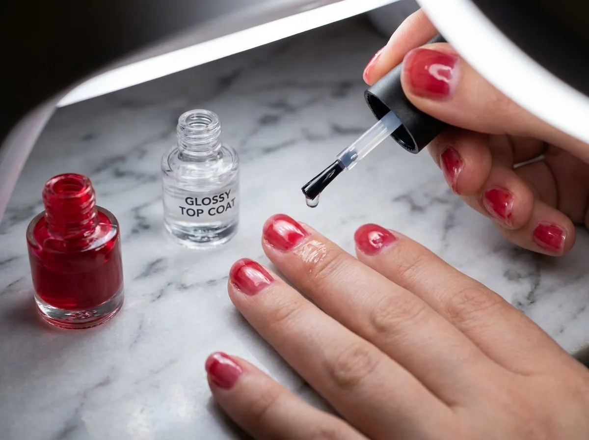 Application d'un top coat brillant pour réussir des jelly nails effet gelée à la maison