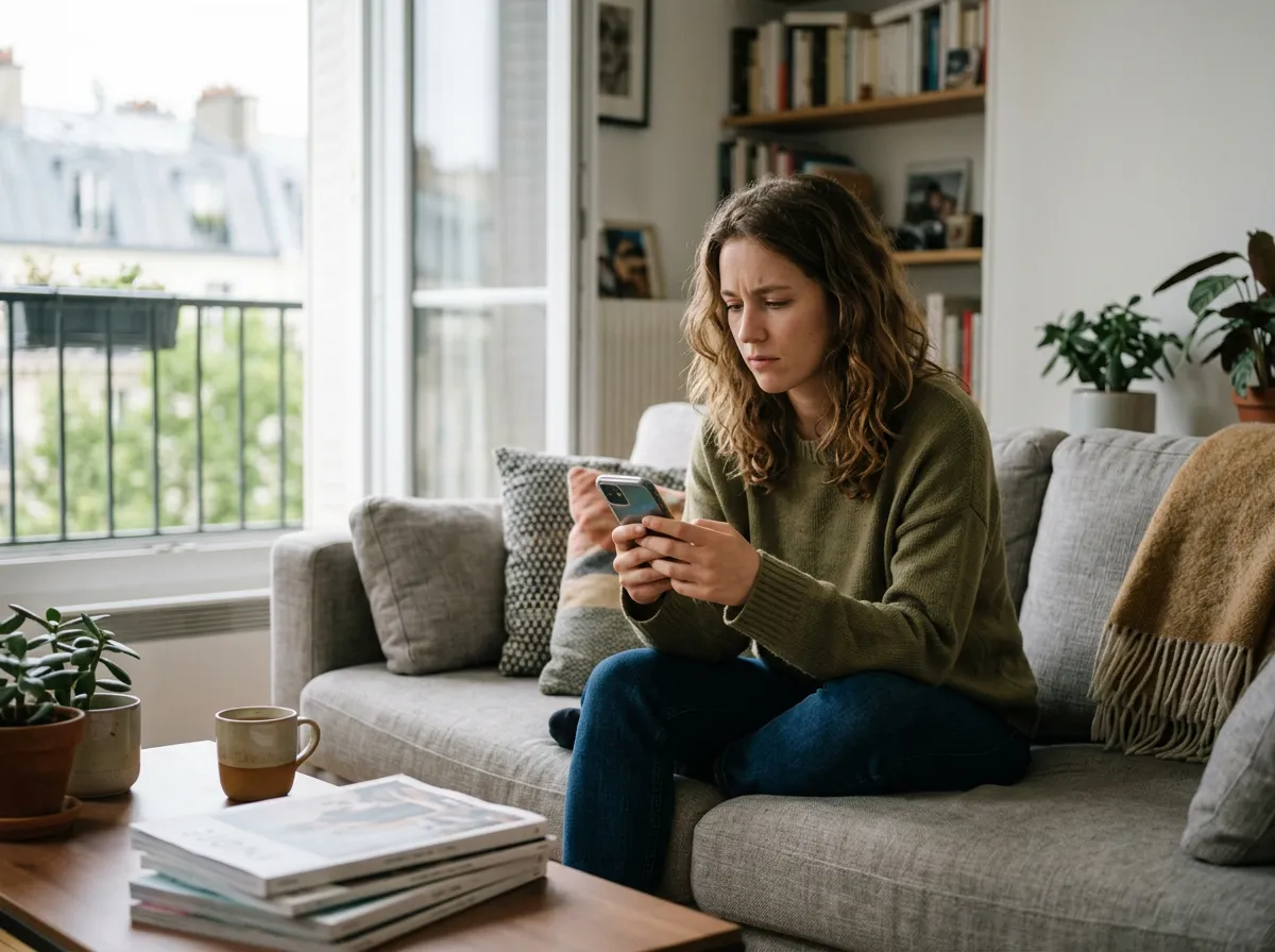 femme cherchant une solution sur son smartphone après une douleur dentaire