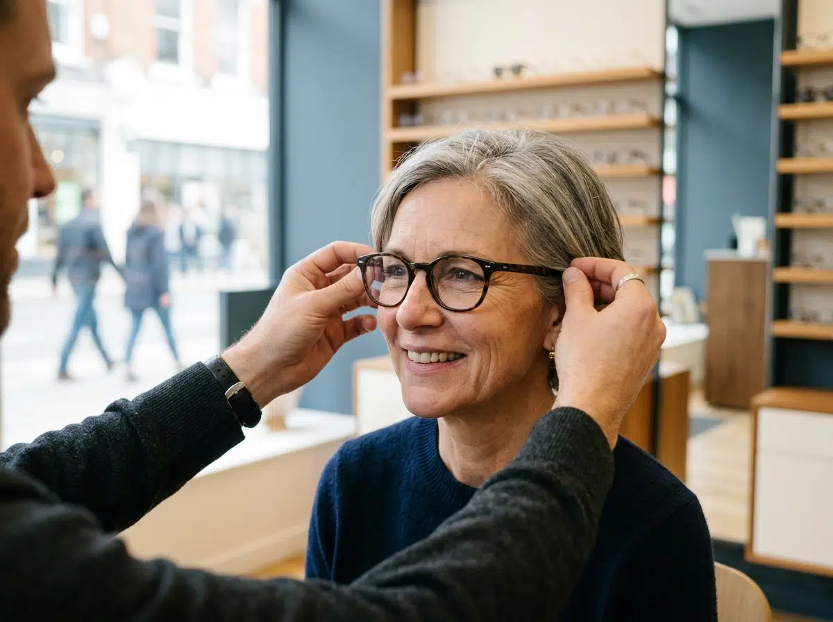 Opticien ajustant des lunettes à une cliente du réseau de soins d'une complémentaire santé