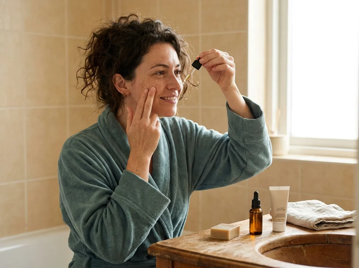 Femme appliquant une huile visage dans une routine beauté minimaliste et naturelle