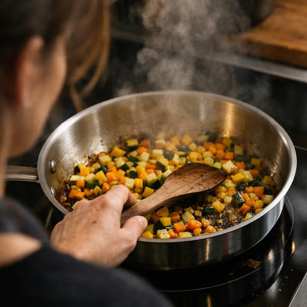 Sauteuse inox sur plaque induction, légumes en train de saisir, cuisine sans PFAS au quotidien