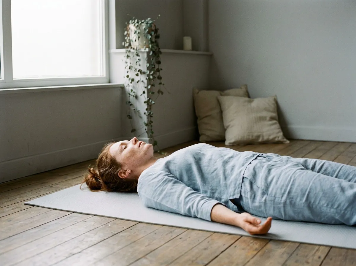 Femme allongée en posture Savasana sur un tapis de yoga, sans musique, dans un studio calme et lumineux