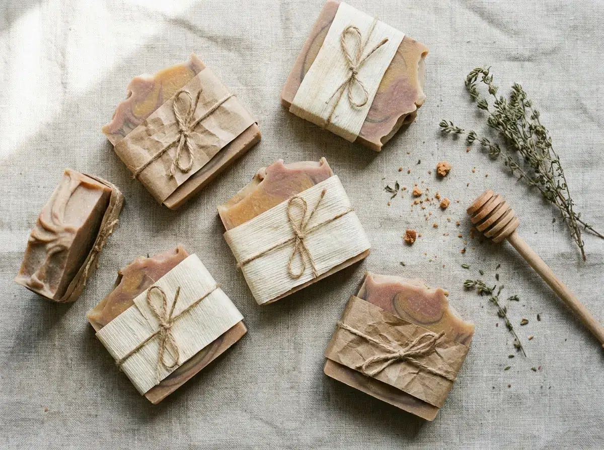 Savons solides artisanaux saponifiés à froid emballés en papier kraft sur lin naturel