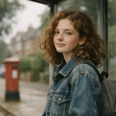 Adolescente avec un sac à dos à un arrêt de bus pendant son séjour linguistique en Angleterre