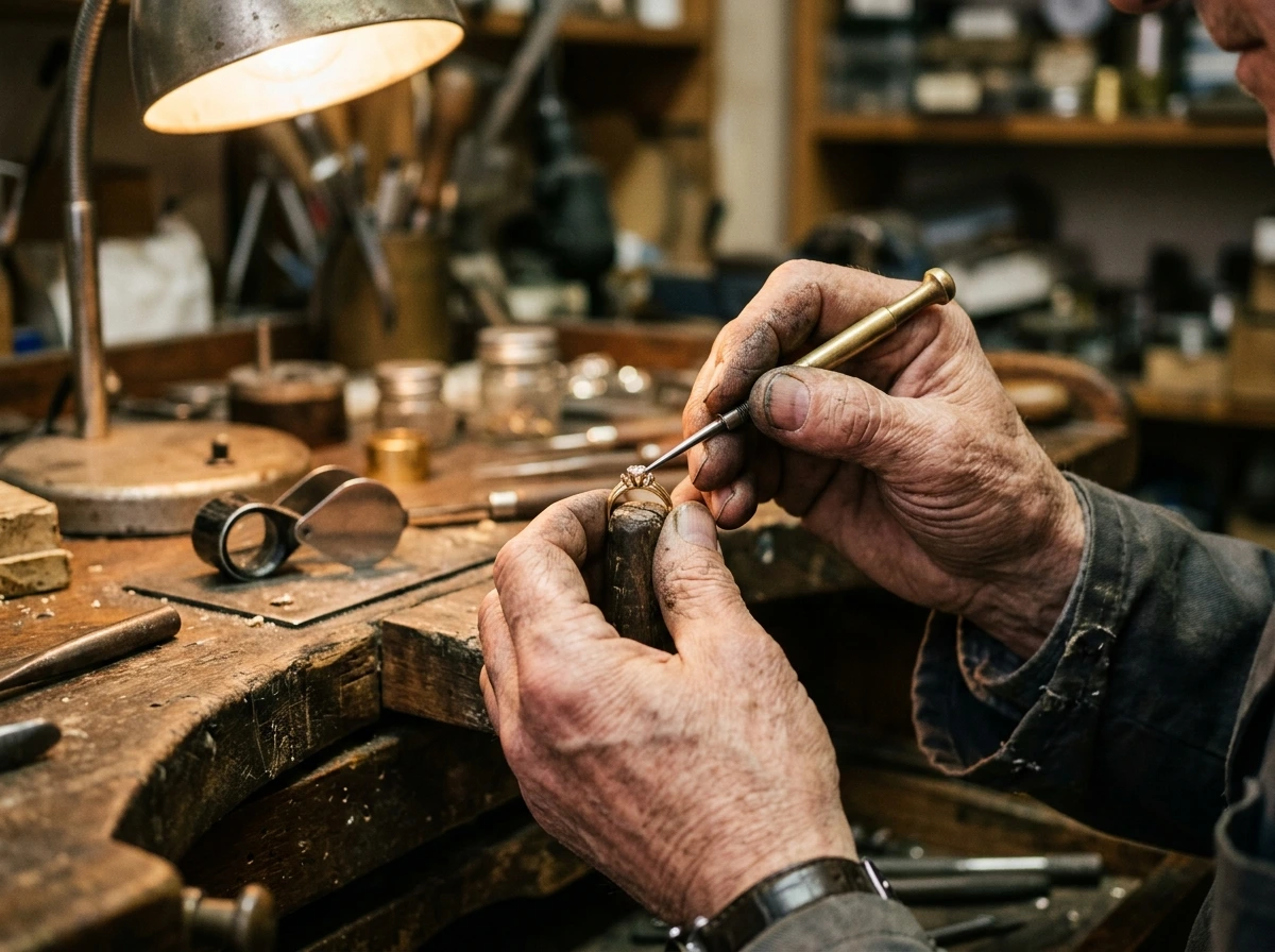 Mains d'un artisan joaillier sertissant une pierre à l'établi dans un atelier parisien