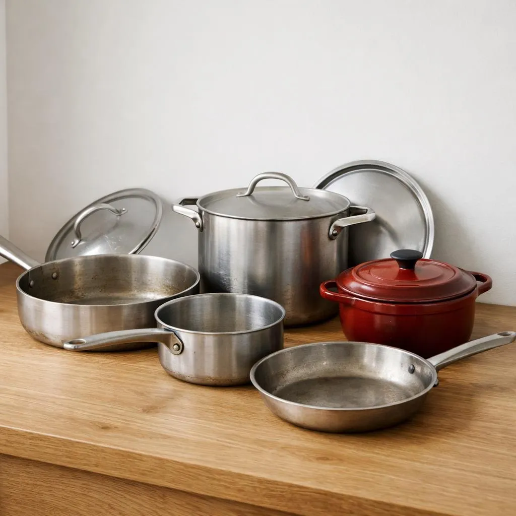 Set minimaliste de cinq pièces de batterie de cuisine inox sur un comptoir, sauteuse et casserole