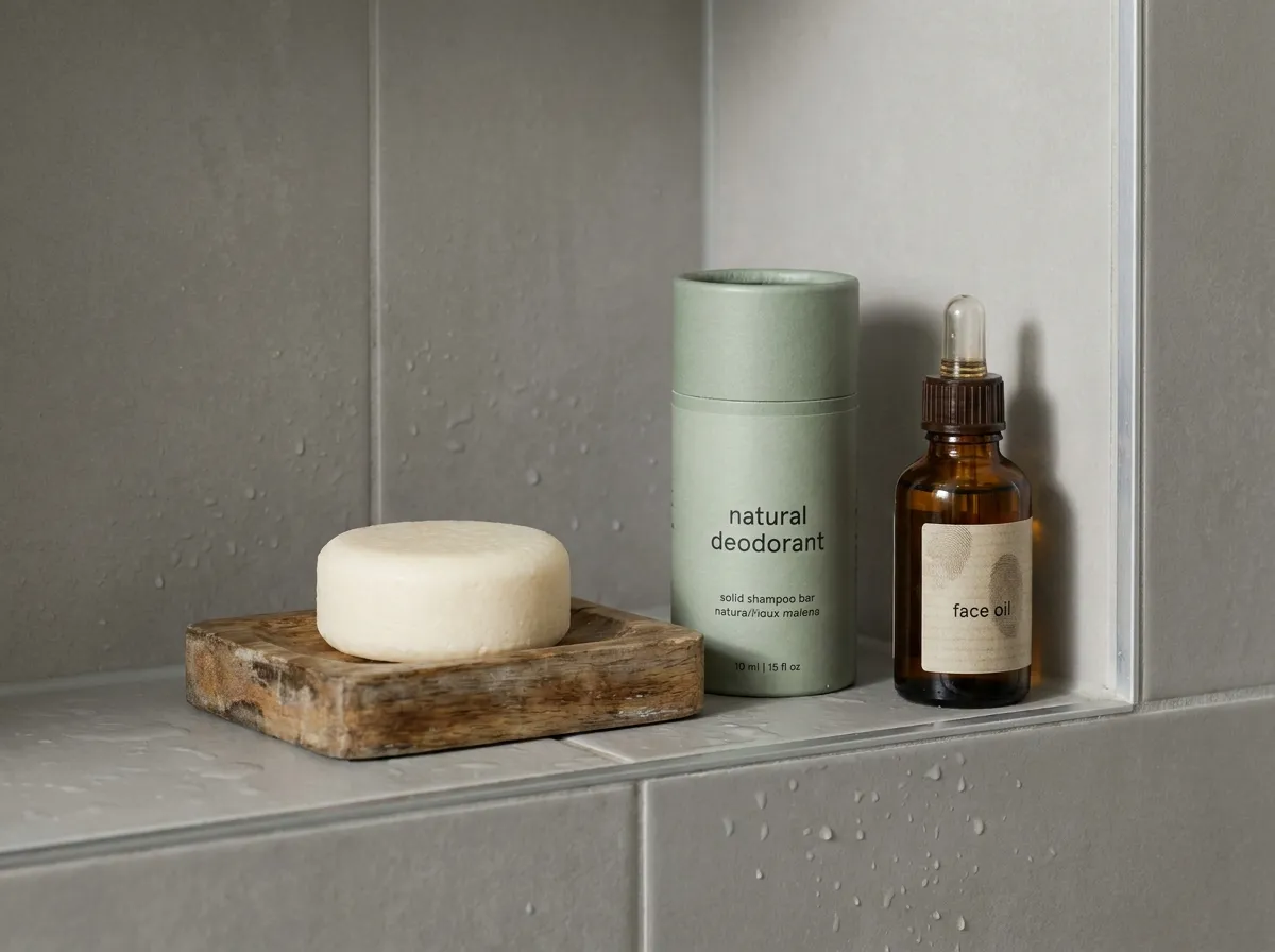 Shampoing solide et déodorant naturel sans aluminium sur une étagère de salle de bain