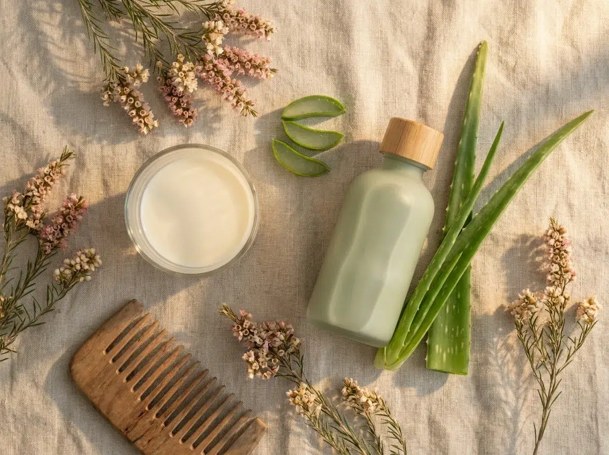  Ingrédients naturels apaisants pour le cuir chevelu : aloe vera, lait d'ânesse et shampooing doux