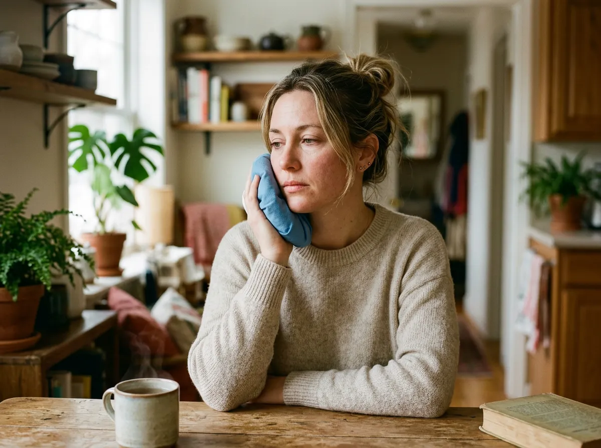 femme applique une compresse froide appliquée sur une joue douloureuse