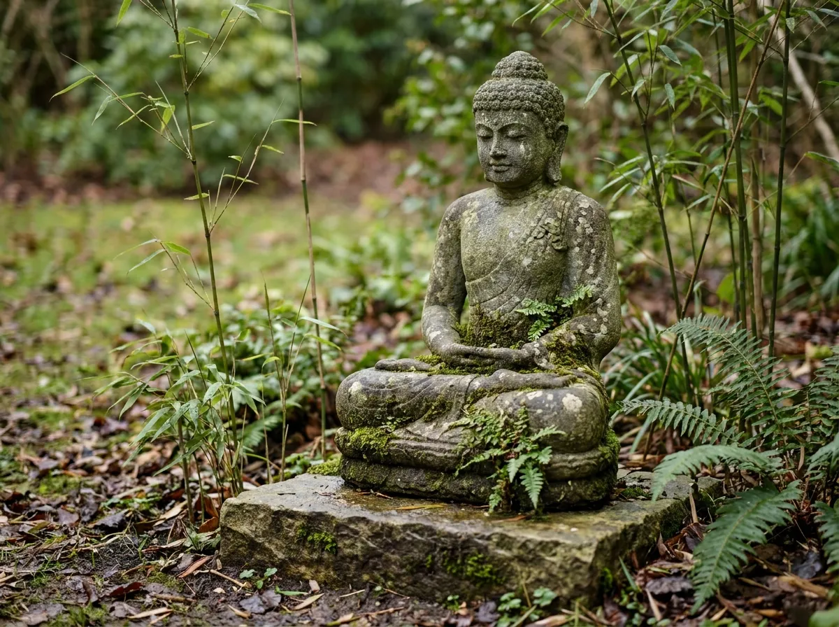 Statue de Bouddha en pierre surélevée sur un socle, entourée de fougères dans un jardin zen