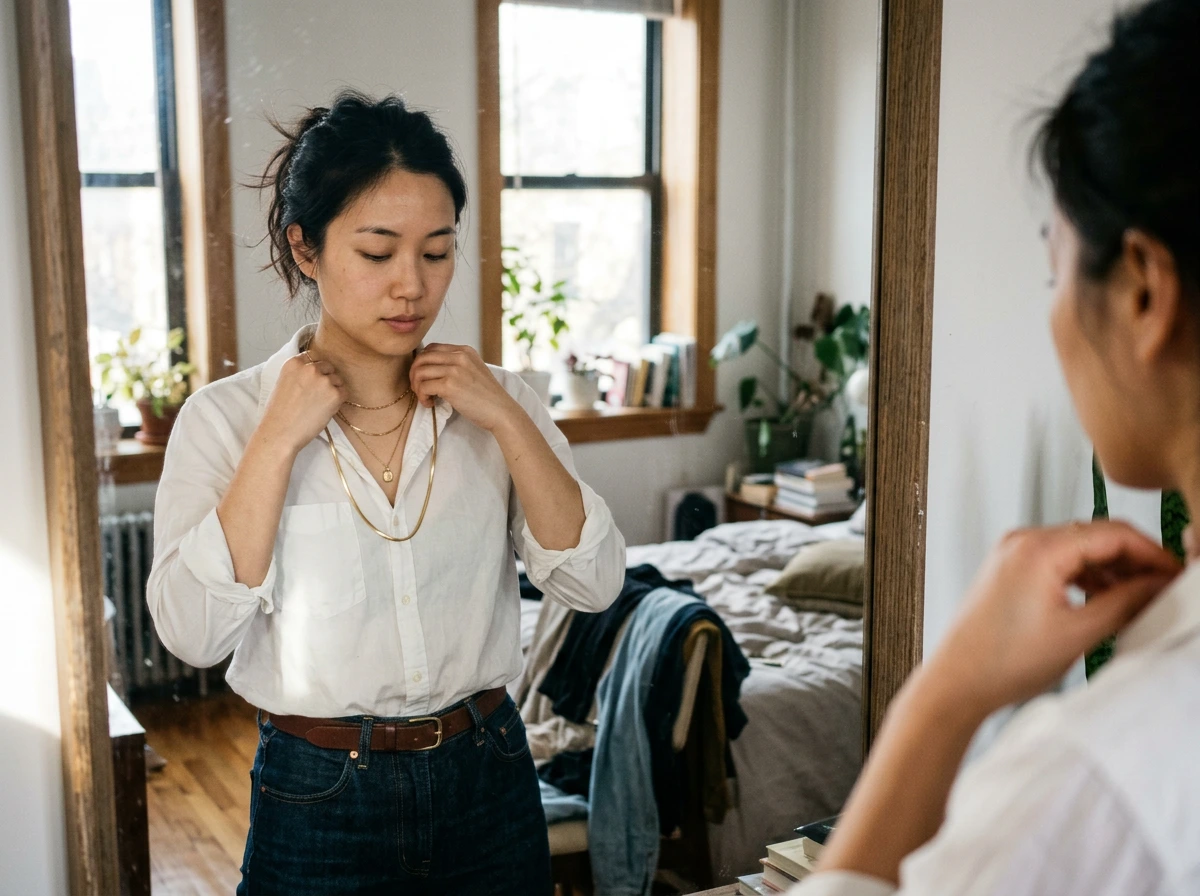 Femme superposant trois colliers en or de longueurs différentes sur une chemise blanche