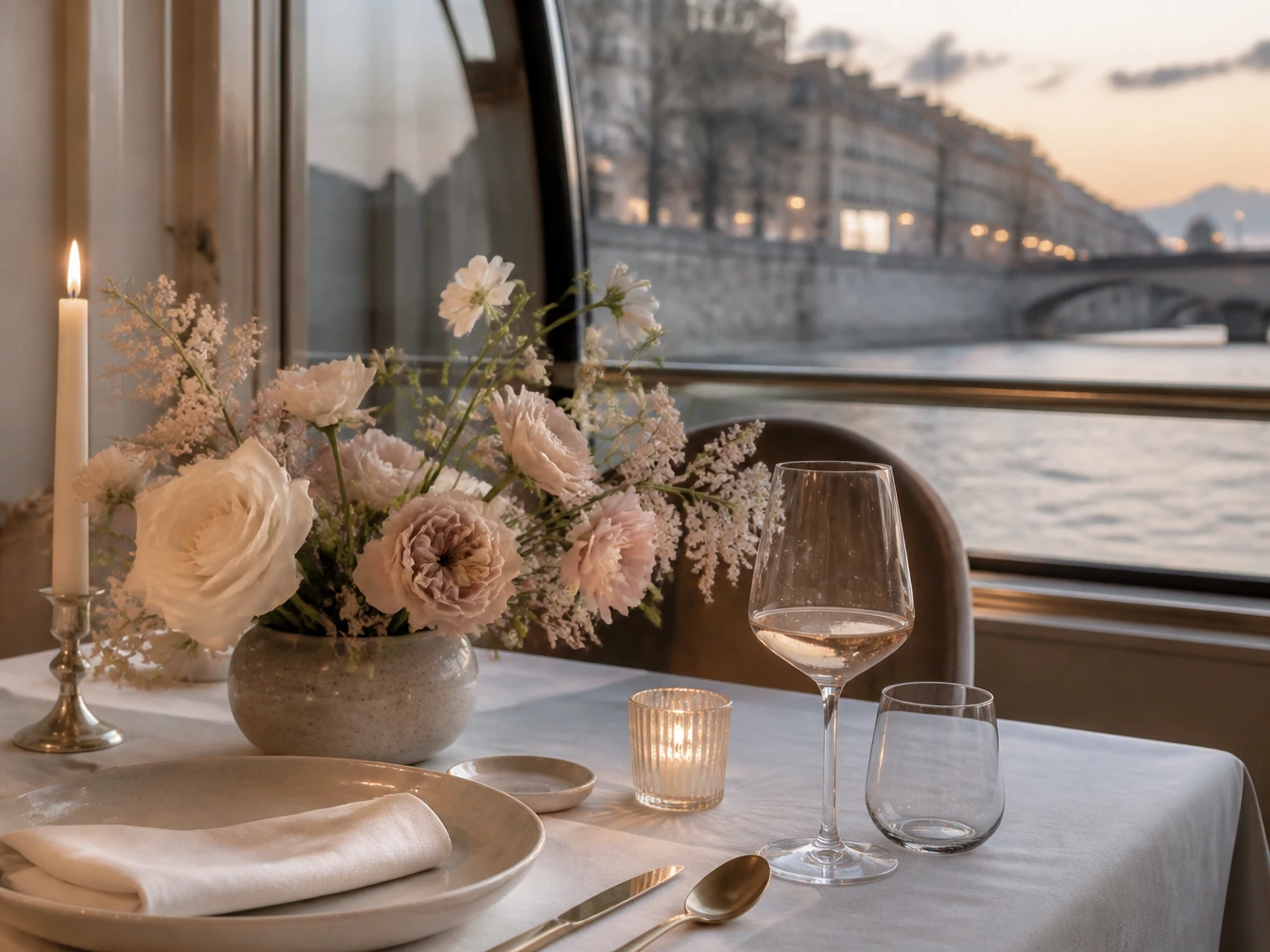 table dressée pour un anniversaire à bord d'une péniche privatisée sur la Seine à Paris