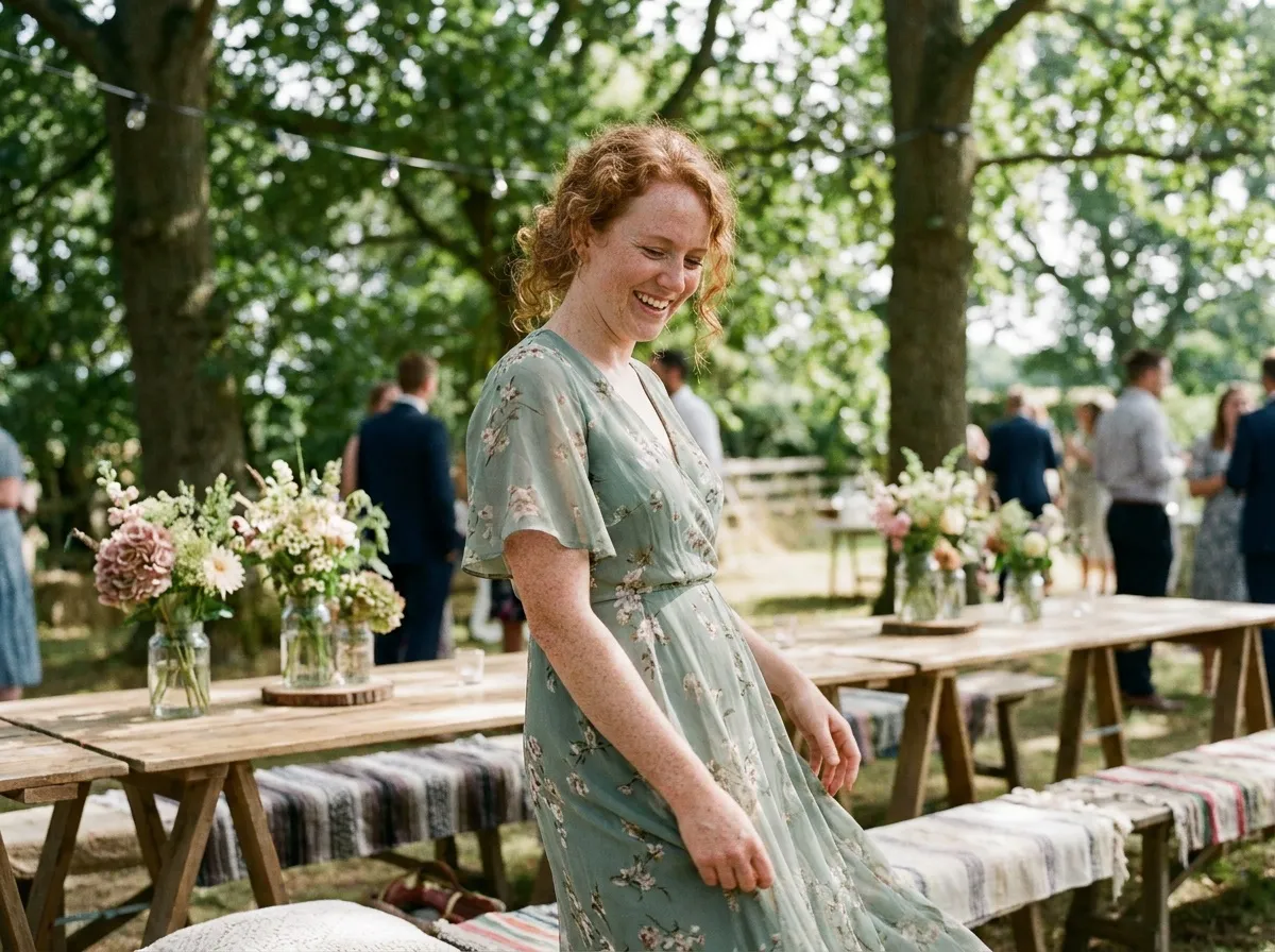 Femme en robe fluide vert sauge à imprimé floral lors d'un mariage champêtre