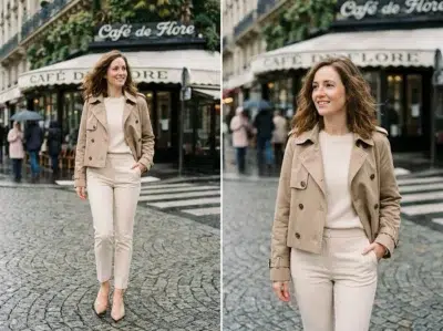 Femme en trench court beige ouvert et talons nude marchant en ville, silhouette allongée