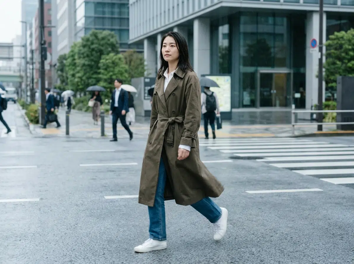 Femme en trench mi-long kaki ceinturé et sneakers blanches sous une pluie légère en ville