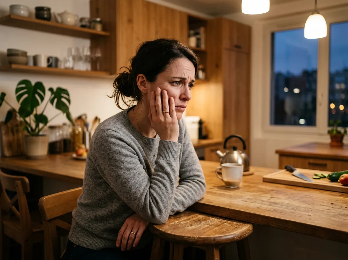 femme dans sa cuisine nécessitant une urgence-dentaire-douleur-joue