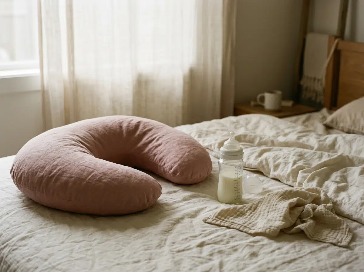 Coussin d'allaitement et biberon à débit lent posés côte à côte, symbole de l'allaitement mixte