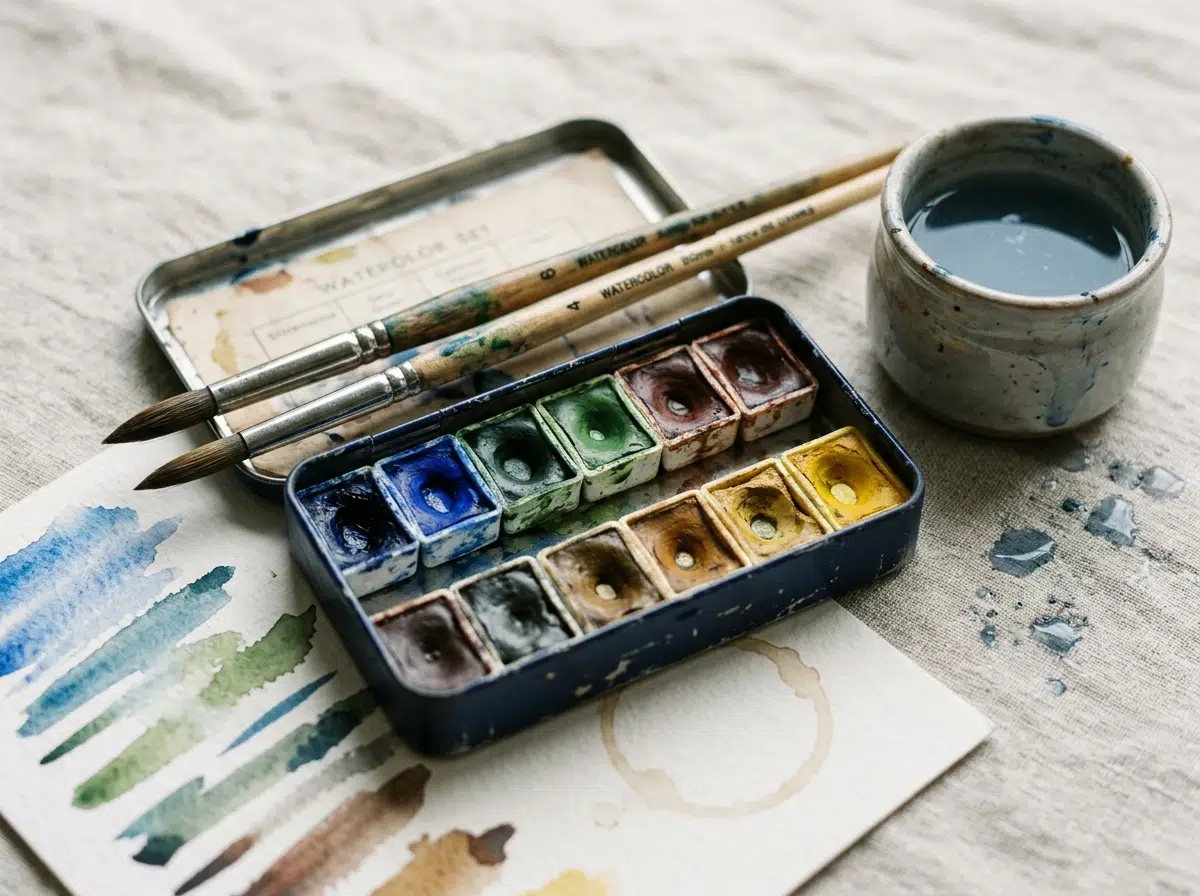 Set d'aquarelle en godets pour débutant avec pinceaux synthétiques et pot d'eau