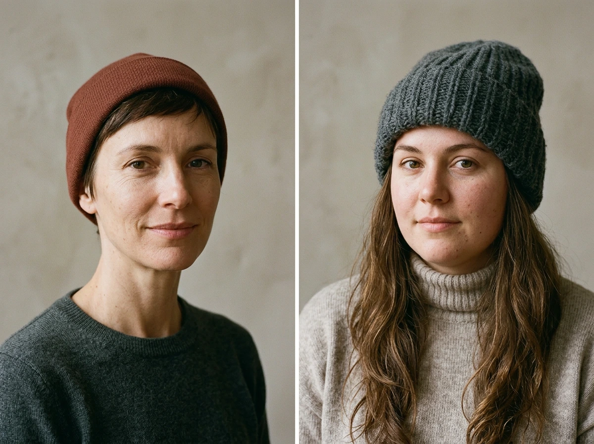 Comparaison morphologie : beanie ajusté sur visage fin et beanie slouchy sur visage rond