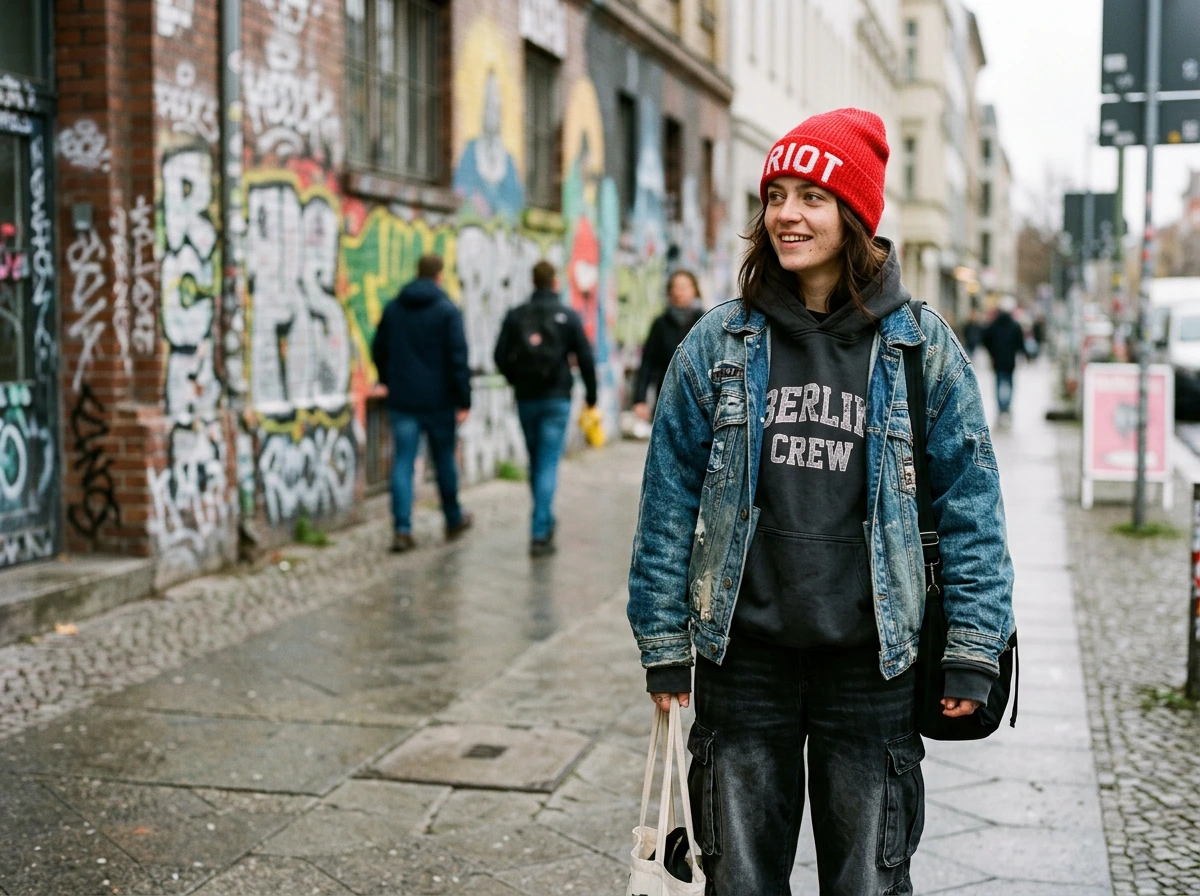 emme en beanie rouge à motif, hoodie oversize et jean baggy dans une rue urbaine