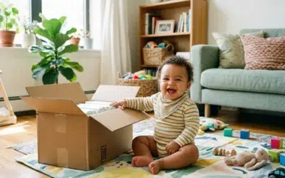 bebe-carton-couches-livraison Bébé joyeux assis près d'un carton de couches livré à la maison, dans un salon lumineux