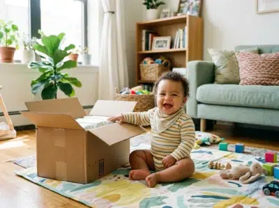 Bébé joyeux assis près d'un carton de couches livré à la maison, dans un salon lumineux