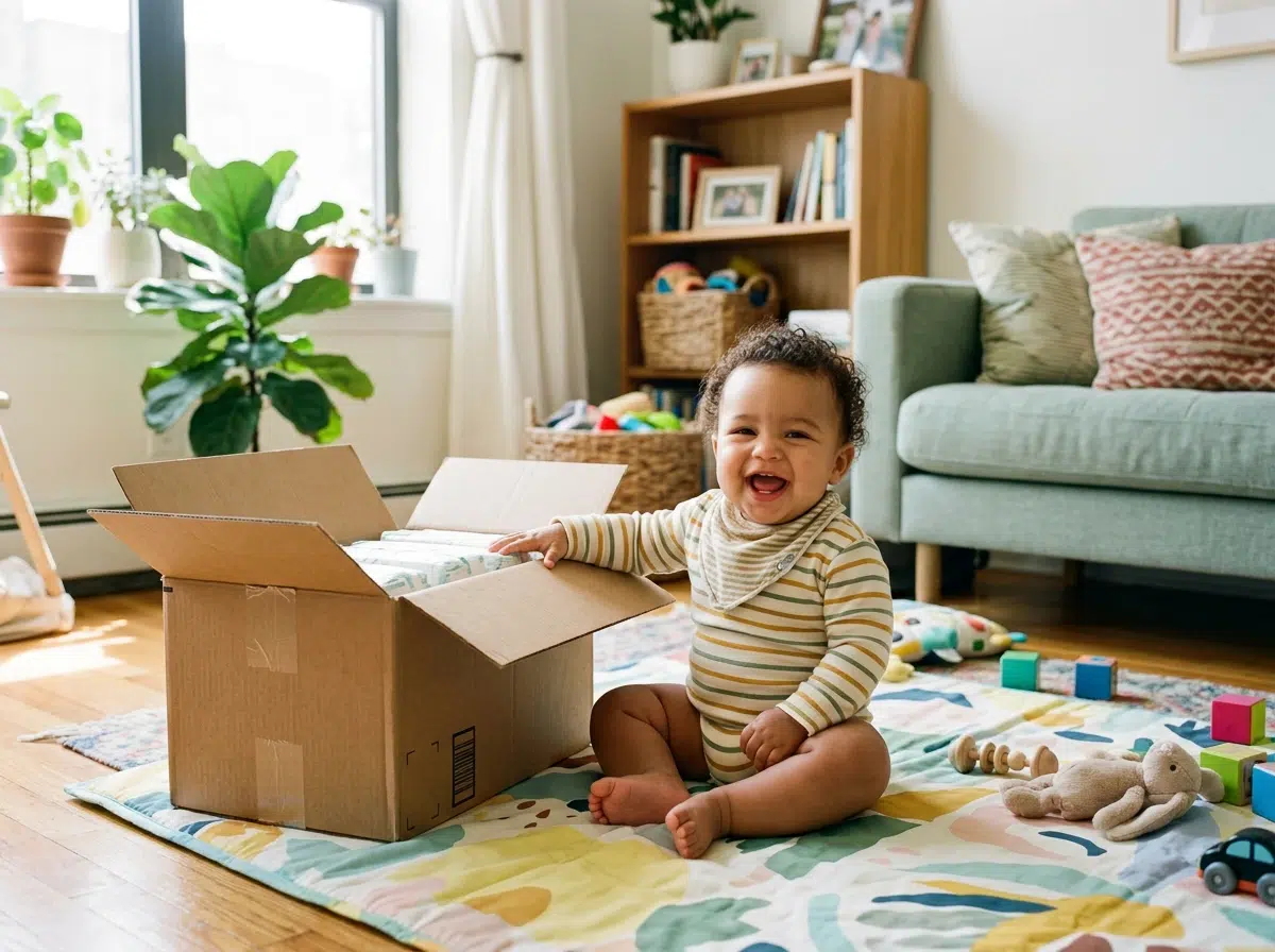 bebe-carton-couches-livraison Bébé joyeux assis près d'un carton de couches livré à la maison, dans un salon lumineux