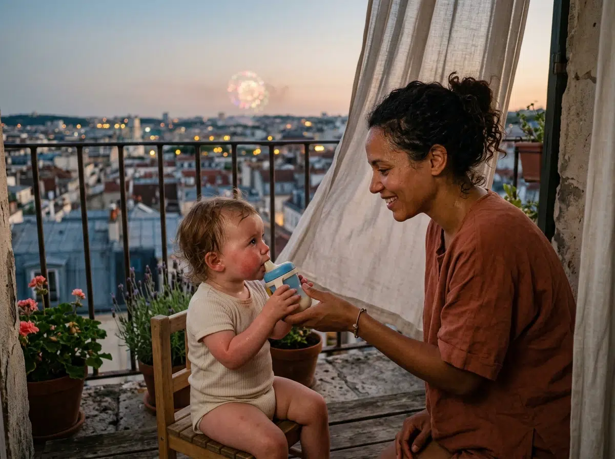 Mère faisant boire son tout-petit sur un balcon lors d'une soirée d'été chaude