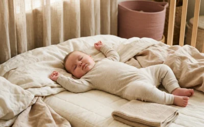 bebe-matelas-bio-cosy Bébé endormi paisiblement sur un matelas bio pas cher et confortable