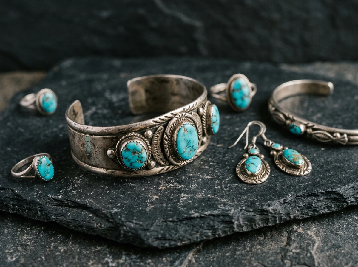 Bijoux anciens en argent sertis de turquoise, style bijouterie traditionnelle